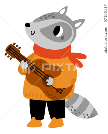 Cute racoon plays guitar. Funny musician character 97166117