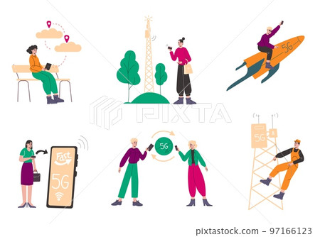 Cartoon people using 5G. High speed communications. Mobile network. WiFi technologies. Transmitter towers. Wireless telecommunication. Cellular broadcast. Vector internet connection set 97166123