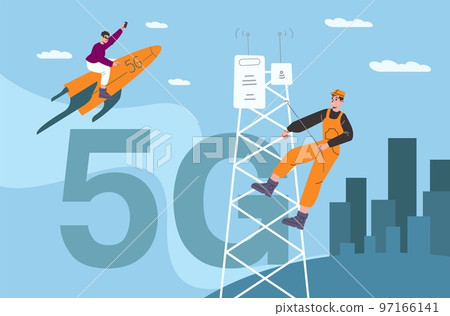 5G technology people. High speed internet. WiFi transmitter. Wireless telecommunication. Mobile network. Cellular communication. Worker building tower. User on rocket. Vector concept 97166141