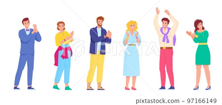 People ovation. Man compliment gesture, happy woman clapping person recognition gesture, audience standing applause human praising and complimenting clap swanky vector illustration 97166149