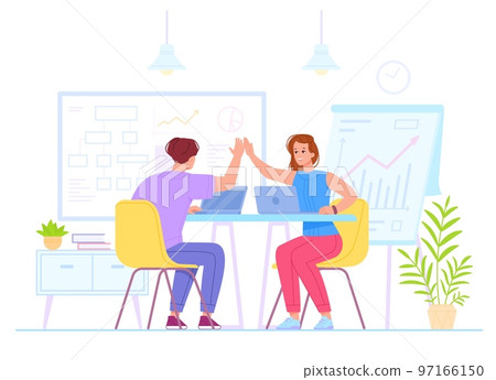 Coworkers high five. Smile executives giving 5 in office, professional worker or businessman hand gesture partner team celebration accomplished project, swanky vector illustration 97166150