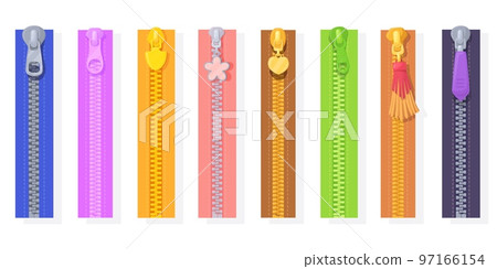 Colored zippers. Cartoon colorful zipper, silver metallic blue yellow red color fashion fastener, lock zip clothes fashionable metal puller clothing design neat vector illustration 97166154