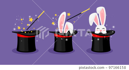 Wizard conjure cylinder. Magic hat with bunny ears vector illustration. Magician hat with rabbit. Circus show, abracadabra wand 97166158