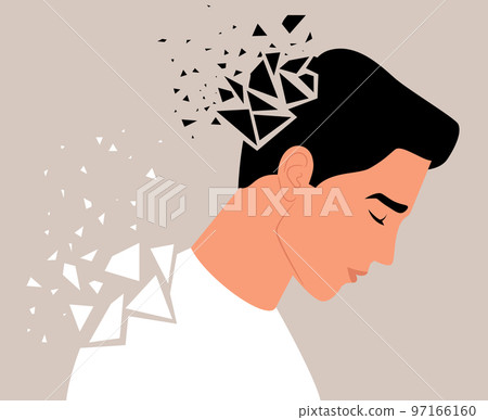 Vector illustration of a sad man broken into many fragments which showing the mental health problems. Concept of depression, anxiety, fatigue Vector illustration of a sad man broken into many fragments which showing the mental health problems. Concept of depression, anxiety, fatigue 97166160