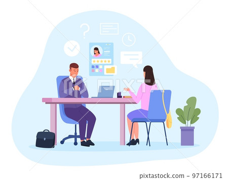 Interview 2 managers. HR recruitment, businessman interviewing salesman employee, job conversation or negotiation prepare question two manager in office table vector illustration Interview 2 managers. HR recruitment, businessman interviewing salesman employee, job conversation or negotiation prepare question two manager in office table vector illustration 97166171