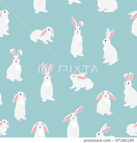 Funny bunny pets seamless pattern. Chinese new year symbol. White furry hares isolated on blue background. Cartoon cute easter characters rabbits for child Funny bunny pets seamless pattern. Chinese new year symbol. White furry hares isolated on blue background. Cartoon cute easter characters rabbits for child 97166189
