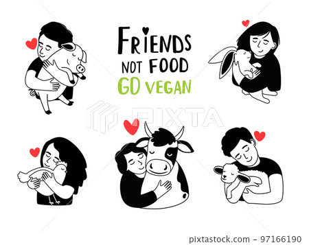 Friends not food. Kind children hug small baby animals and shows their love to them. Nature respect concept and vegan lifestyle 97166190