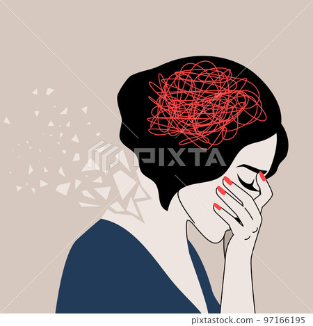 Depressed adult woman with confused thoughts holds the head with her hand. The concept of mental illness. Borderline personality disorder Depressed adult woman with confused thoughts holds the head with her hand. The concept of mental illness. Borderline personality disorder 97166195