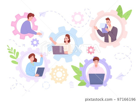 Dedicated developers. People enterprise dedication, mechanical gear teamwork communication, curiosity professional development managers effort working concept vector illustration Dedicated developers. People enterprise dedication, mechanical gear teamwork communication, curiosity professional development managers effort working concept vector illustration 97166196