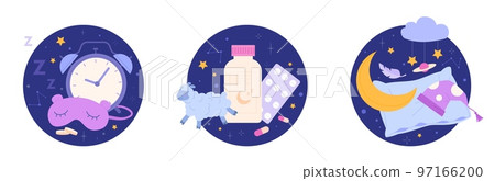 Better sleep items. Bedtime meditation elements, sleeping therapy insomnia relief concept, face mask pillow alarm clock and pills for healthy dreaming, vector icons illustration Better sleep items. Bedtime meditation elements, sleeping therapy insomnia relief concept, face mask pillow alarm clock and pills for healthy dreaming, vector icons illustration 97166200