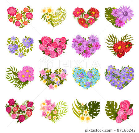 Flower Hearts with Blooming Flora and Foliage Big Vector Set Flower Hearts with Blooming Flora and Foliage Big Vector Set 97166242