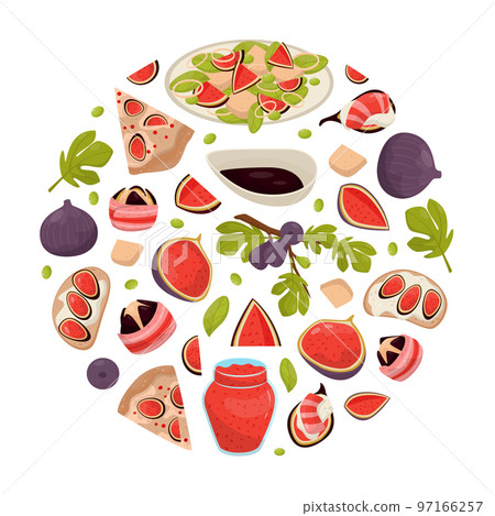 Fig Food Round Composition Design with Ripe Fruit with Purple Skin Vector Template 97166257