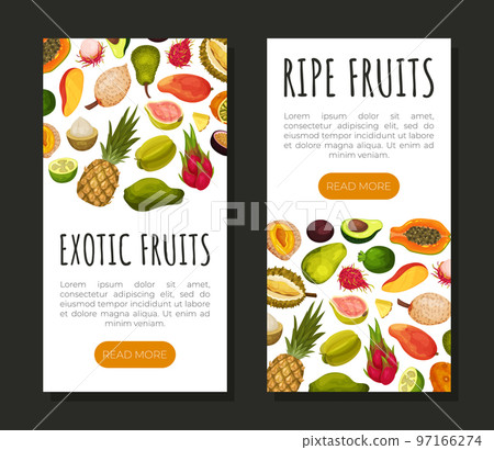 Exotic Fruits Poster or Banner Design with Ripe and Juicy Tropical Food Vector Template Exotic Fruits Poster or Banner Design with Ripe and Juicy Tropical Food Vector Template 97166274
