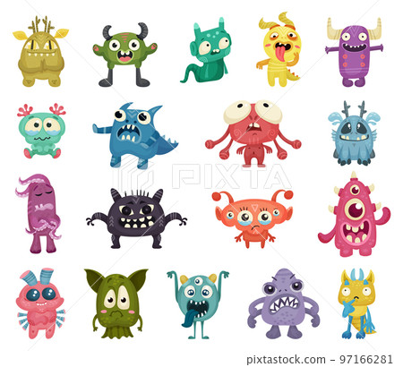 Cute Little Cartoon Monsters with Different Facial Expression Big Vector Set 97166281