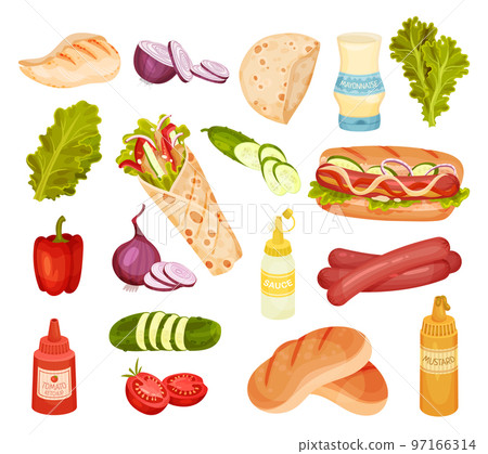 Doner Kebab and Hot Dog Sandwich Ingredients Big Vector Set Doner Kebab and Hot Dog Sandwich Ingredients Big Vector Set 97166314