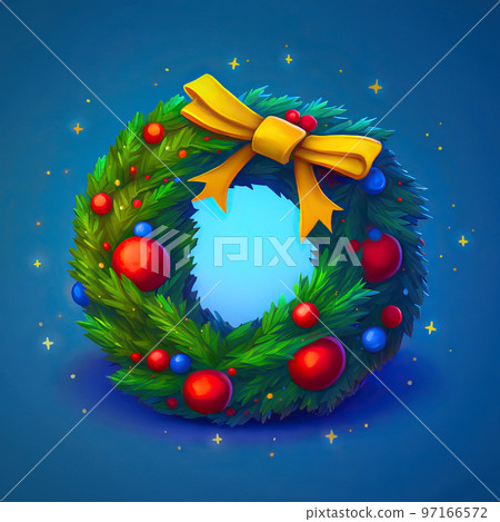 Christmas wreath of fir tree branches with cones decorated with red ribbon and bow over dark background. Digital illustration Christmas wreath of fir tree branches with cones decorated with red ribbon and bow over dark background. Digital illustration 97166572