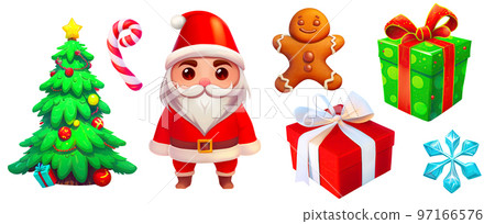Christmas cut out objects. Collection of cartoon illustrations (decorated tree, Santa, sweets, gifts and snowflake) isolated on white background 97166576