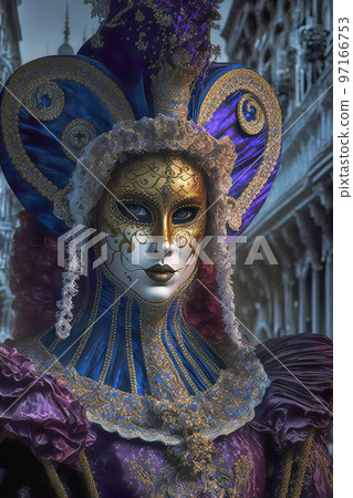 Woman Wearing Venetian Style Mask, Costume and Hat at the Venice Carnival 97166753