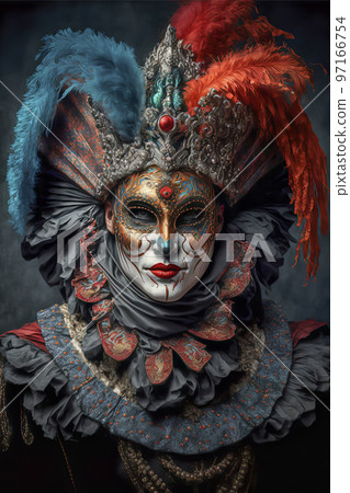 Man Wearing Venetian Style Mask, Costume and Hat at the Venice Carnival Man Wearing Venetian Style Mask, Costume and Hat at the Venice Carnival 97166754