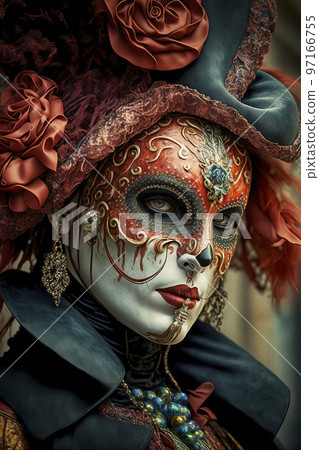 Woman Wearing Venetian Style Mask, Costume and Hat at the Venice Carnival 97166755