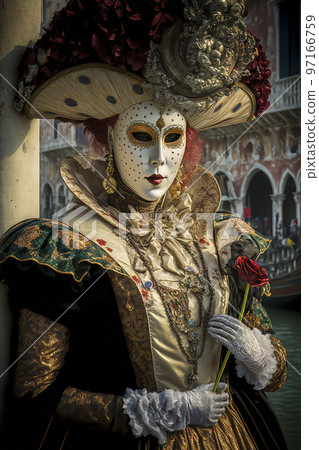 Woman Holding a Flower and Wearing Mystic Elegant Venetian Mask, Costume and Flowered Hat is shown near a Canal at the Venice Carnival 97166759