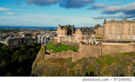 Aerial view over Edinburgh Castle on Castle Hill 97166992