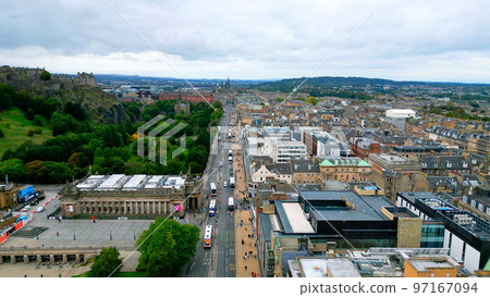Princes street in Edinburgh - aerial view 97167094