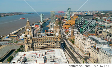 Flight over the city of Liverpool with the Three Graces - travel photography Flight over the city of Liverpool with the Three Graces - travel photography 97167145