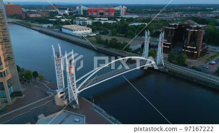 Millennium Bridge in the city of Manchester - aerial view - travel photography 97167222