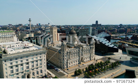 Aerial view over Liverpool Pier Head and the Three Graces - travel photography 97167324