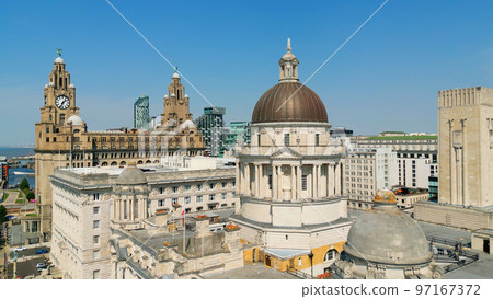 The dome of Port of Liverpool Building at Pier Head - aerial view - travel photography 97167372