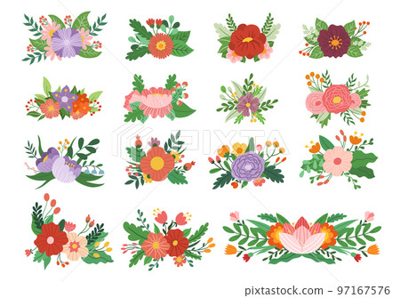Set Of Floral Arrangements, Flower Branches, Green Leaves Or Twigs For Wedding Invitation, Greeting Card, Poster Set Of Floral Arrangements, Flower Branches, Green Leaves Or Twigs For Wedding Invitation, Greeting Card, Poster 97167576