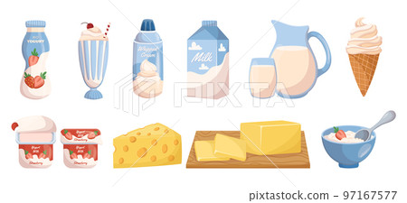 Set of Dairy Products Yoghurt, Milk in Package and Jug, Cocktail or Ice Cream. Cheese, Curd and Desserts with Fruits 97167577