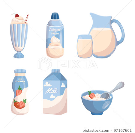 Set of Dairy Products Yogurt, Milk in Package and Jug, Whipped Cream in Bottle, Cocktail or Ice Cream and Curd 97167601