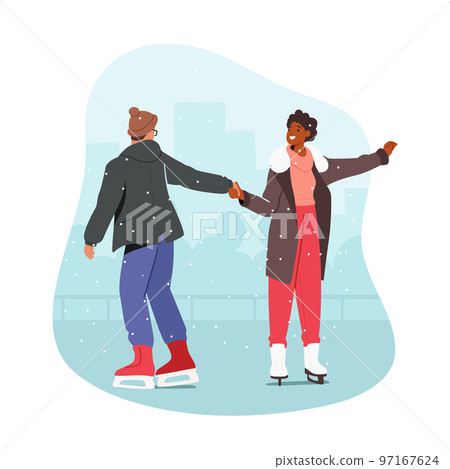 Male and Female Characters Skating on ice Rink at Wintertime Christmas Holidays Vacation. Loving Couple Winter Date 97167624