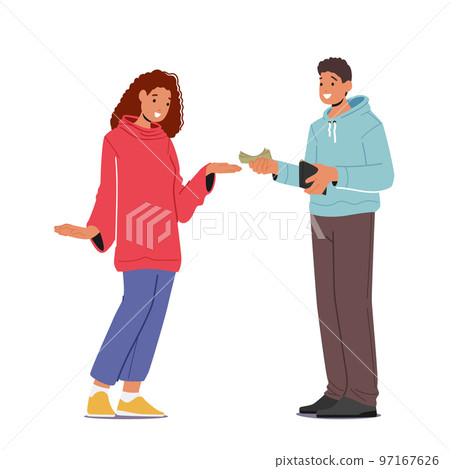 Man Giving Banknotes To Woman With Stretched Hand. Female Character Taking Loan, Borrowing Money From Friend Or Husband Man Giving Banknotes To Woman With Stretched Hand. Female Character Taking Loan, Borrowing Money From Friend Or Husband 97167626
