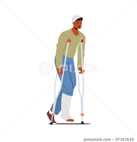 Unhappy Man with Leg and Head Fracture Walk on Crutches Isolated on White Background. Injured Patient Character 97167638