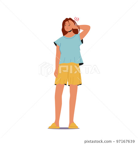 Female Character with Monkeypox Virus Symptoms Headache and Rash. Awareness and Alert against Disease Spread 97167639