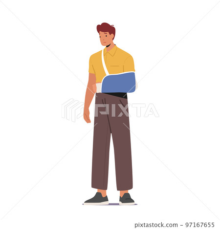 Unhappy Man with Hand Fracture Isolated on White Background. Injured Male Character with Broken Arm in Bandage 97167655