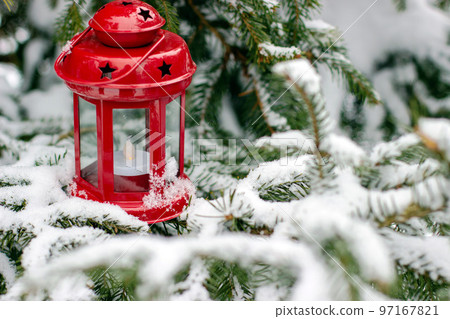 Red lantern on branches of spruce covered with snow 97167821
