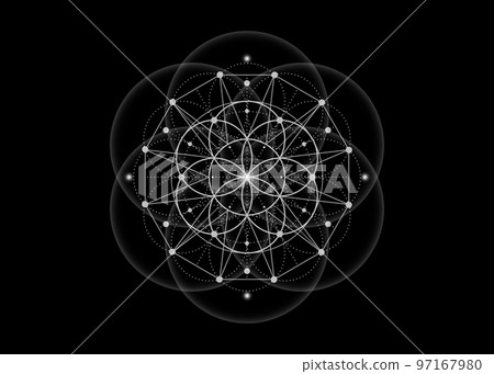 Sacred Geometry, Flower of Life, lotus flower mandala. White Neon vintage logo Symbol of Harmony and Balance, Glowing Geometrical Ornament, yoga relax, vector isolated on black background 97167980