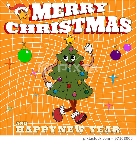 Groovy hippie Christmas poster. Christmas tree in trendy retro cartoon style Groovy hippie Christmas poster. Christmas tree in trendy retro cartoon style 97168003