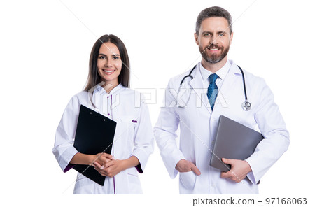 hapy doctor with internist in studio. photo of doctor and internist wear white coat. hapy doctor with internist in studio. photo of doctor and internist wear white coat. 97168063