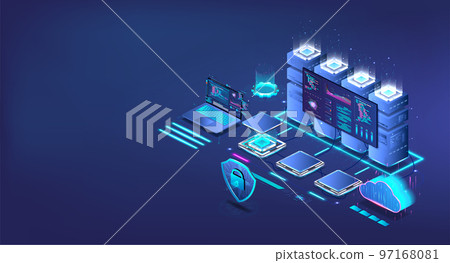 Data Processing Center and Cloud Storage. Isometric digital storage Data Processing Center and Cloud Storage. Isometric digital storage 97168081