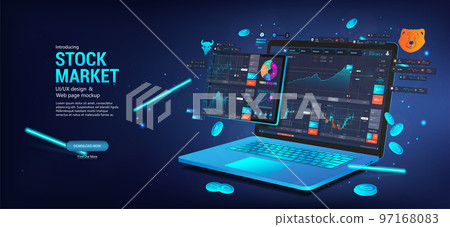 Trade platform online on 3D laptop and tablet. Stock market App Trade platform online on 3D laptop and tablet. Stock market App 97168083