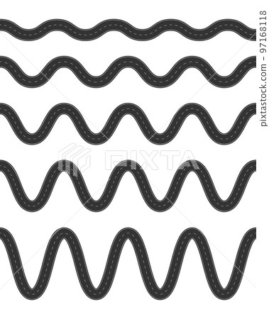 Set of empty winding roads with marking. Asphalt roadways horizontal top view. Seamless highway template. Element of city street or countryside freeway Set of empty winding roads with marking. Asphalt roadways horizontal top view. Seamless highway template. Element of city street or countryside freeway 97168118