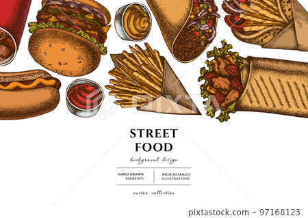 Street food hand drawn illustration design. Background with retro sauces, soda, gyros, burger, taco, shawarma, french fries, hot dog. Street food hand drawn illustration design. Background with retro sauces, soda, gyros, burger, taco, shawarma, french fries, hot dog. 97168123