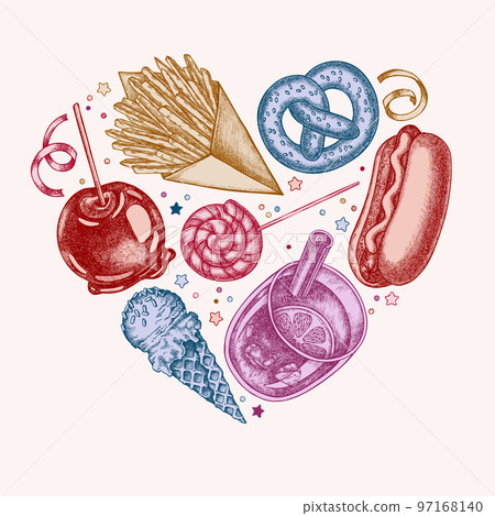 Carnival food heart vintage design. Hand drawn french fries, pretzel, hot dog, mulled wine, caramel apple, ice cream cones, lollipop, ribbons. Carnival food heart vintage design. Hand drawn french fries, pretzel, hot dog, mulled wine, caramel apple, ice cream cones, lollipop, ribbons. 97168140