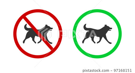 Dogs prohibited and allowed icon. Pets walking ban and friendly zone pictogram. Canine silhouette in red forbidden and green approved sign isolated on white background Dogs prohibited and allowed icon. Pets walking ban and friendly zone pictogram. Canine silhouette in red forbidden and green approved sign isolated on white background 97168151