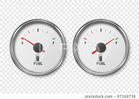 Vector 3d Realistic Silver Metallic Gas Fuel Tank Gauge, Oil Level Bar Set Isolated. Full and Empty. Car Dashboard Details. Fuel Indicator, Gas Meter, Sensor. Design Template 97168736